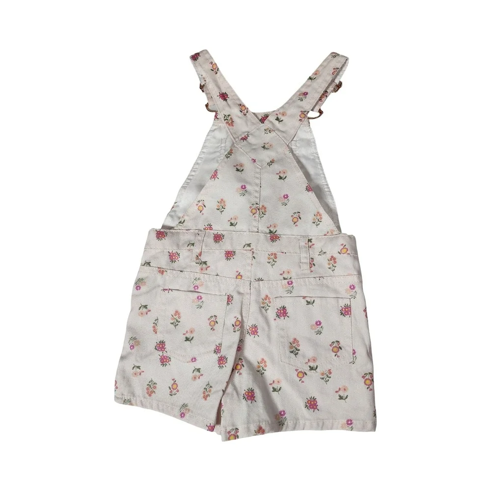 Girls Pink Floral Denim Shortalls with Lace Bow and 3D Flower Size 5